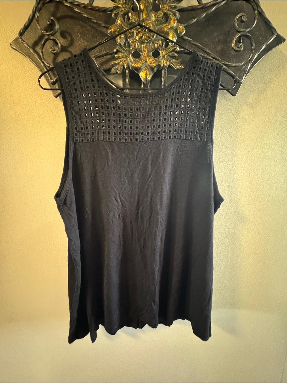Womens Black Crochet Yoke Tank Top